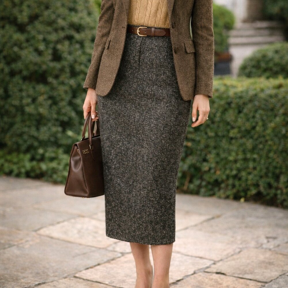 Vtg Lauren Ralph Lauren Gray Tweed Pencil Midi Skirt